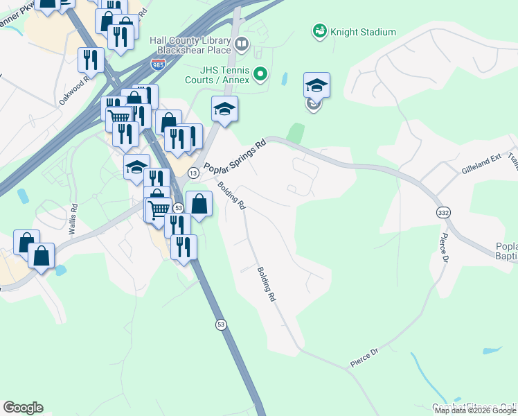 map of restaurants, bars, coffee shops, grocery stores, and more near 3615 East Bolding Road in Flowery Branch