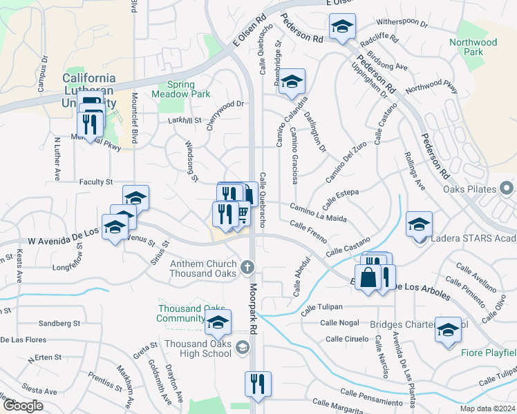 map of restaurants, bars, coffee shops, grocery stores, and more near 2875 Calle Quebracho in Thousand Oaks