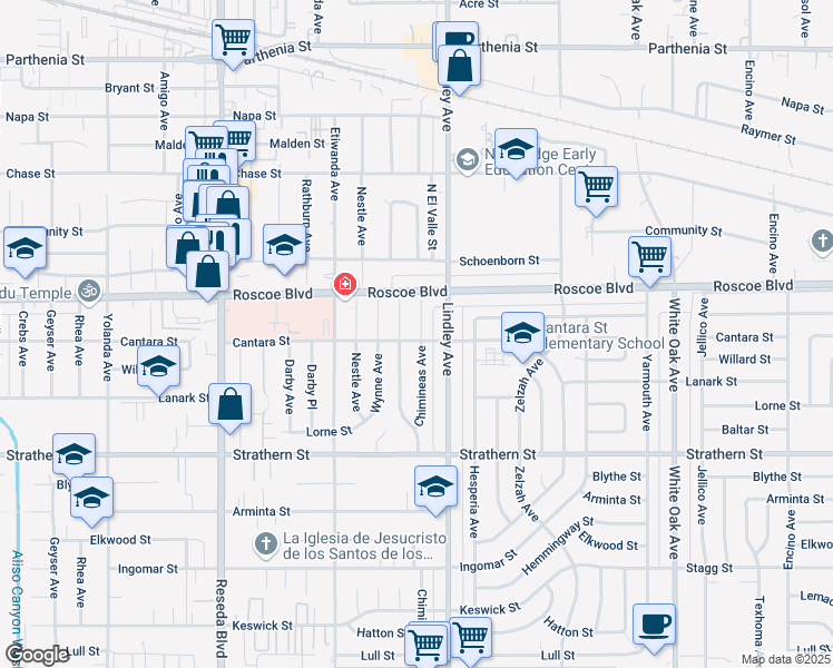 map of restaurants, bars, coffee shops, grocery stores, and more near 18129 Cantara Street in Los Angeles