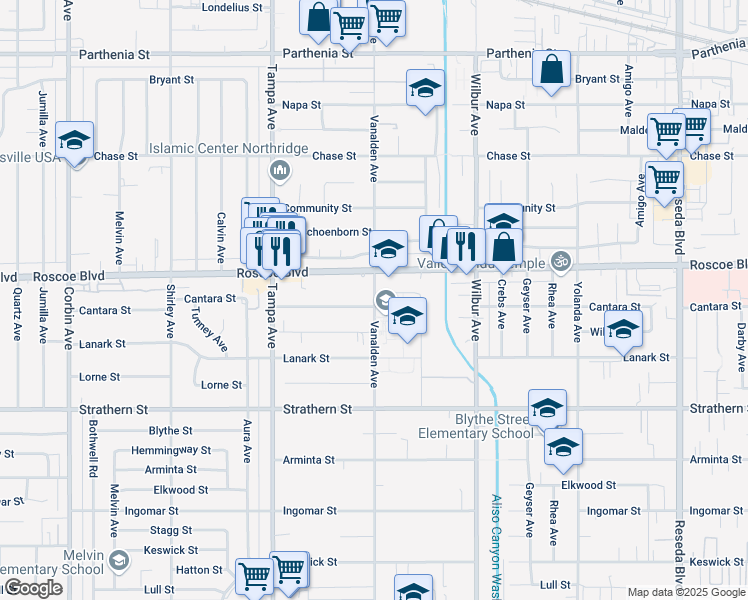 map of restaurants, bars, coffee shops, grocery stores, and more near 19101 Cantara St in Reseda