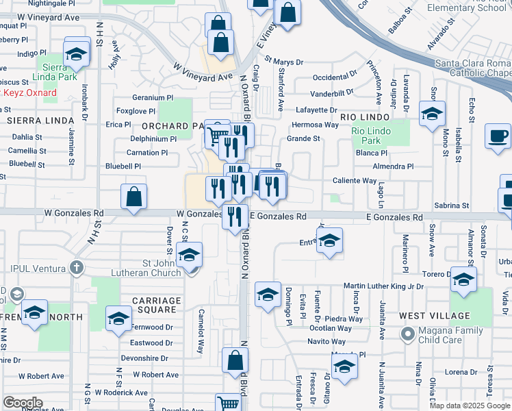 map of restaurants, bars, coffee shops, grocery stores, and more near 111 East Gonzales Road in Oxnard