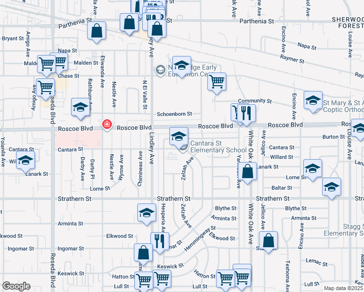 map of restaurants, bars, coffee shops, grocery stores, and more near 17955 Cantara Street in Los Angeles