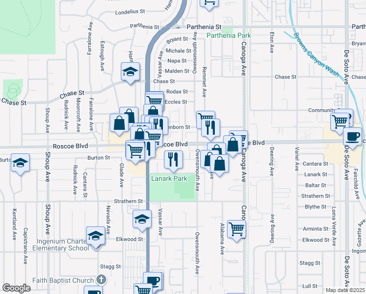 map of restaurants, bars, coffee shops, grocery stores, and more near 21812 Roscoe Boulevard in Los Angeles