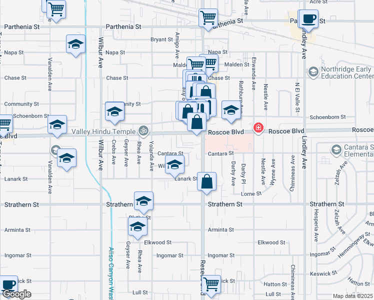 map of restaurants, bars, coffee shops, grocery stores, and more near 18539 Cantara Street in Los Angeles