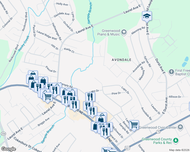 map of restaurants, bars, coffee shops, grocery stores, and more near 414 Lanham Street in Greenwood