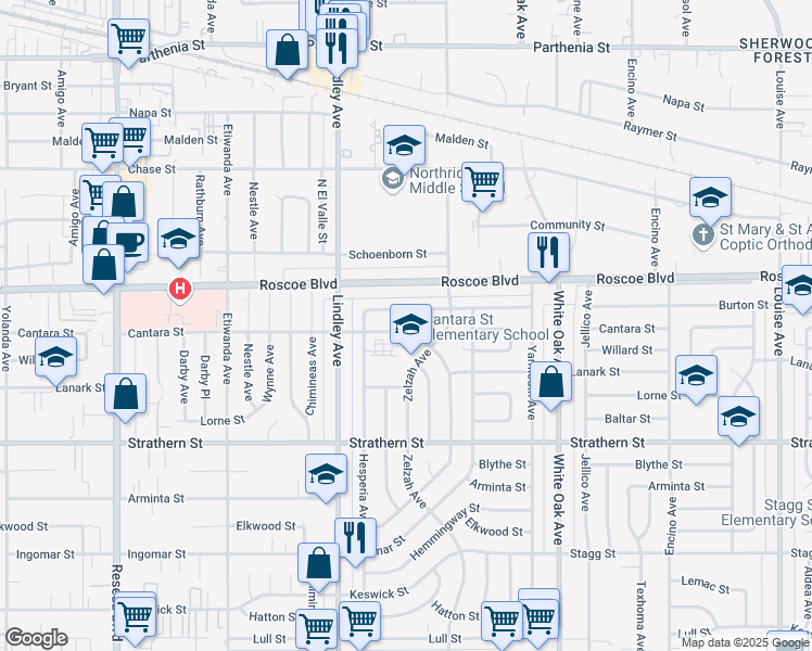 map of restaurants, bars, coffee shops, grocery stores, and more near 17955 Cantara Street in Los Angeles