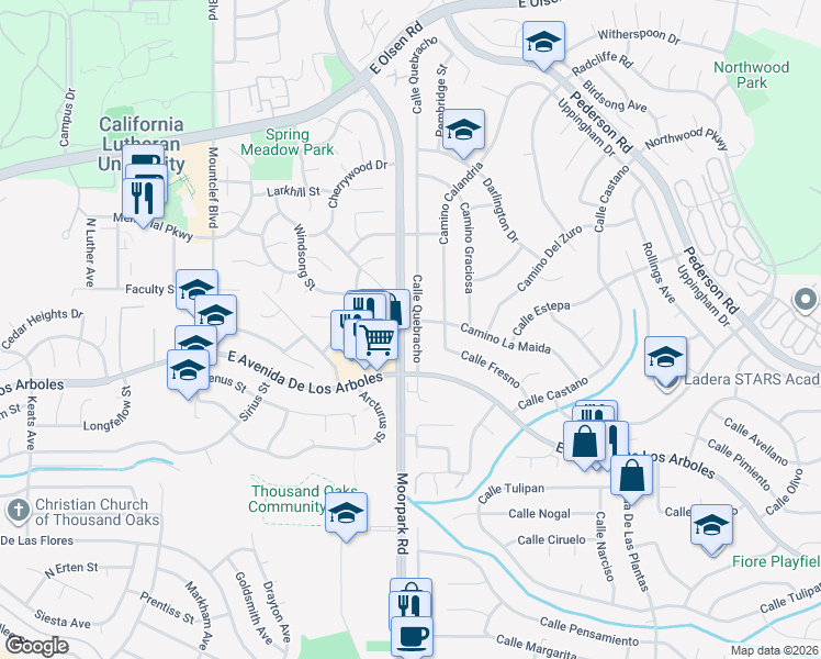 map of restaurants, bars, coffee shops, grocery stores, and more near 2875 Calle Quebracho in Thousand Oaks