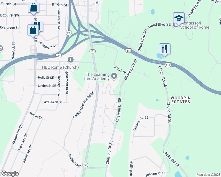 map of restaurants, bars, coffee shops, grocery stores, and more near Eastland Court Southeast in Rome