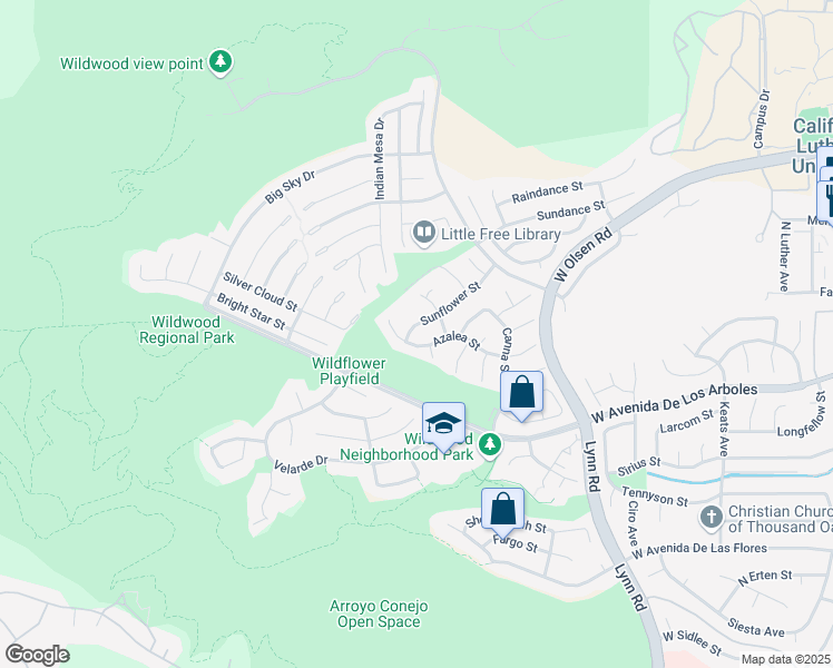 map of restaurants, bars, coffee shops, grocery stores, and more near 2916 Sunflower Street in Thousand Oaks