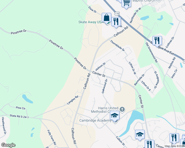 map of restaurants, bars, coffee shops, grocery stores, and more near 100 Center Street in Greenwood
