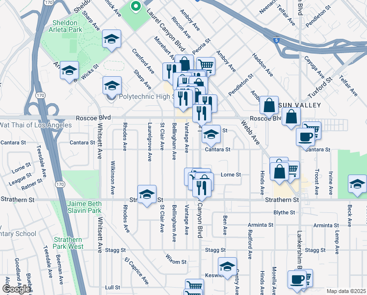 map of restaurants, bars, coffee shops, grocery stores, and more near 8163 Vantage Avenue in Los Angeles