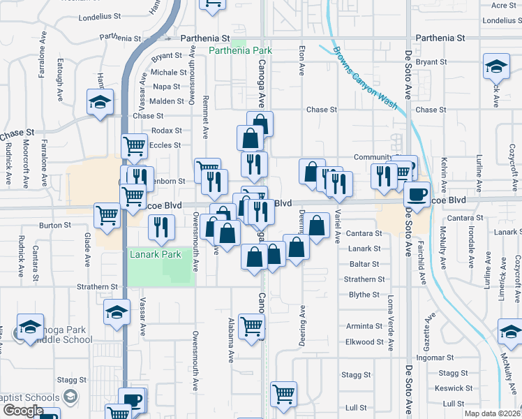 map of restaurants, bars, coffee shops, grocery stores, and more near 8243 Canoga Avenue in Los Angeles