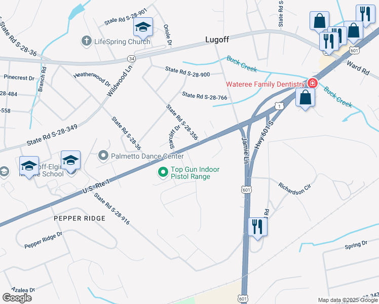 map of restaurants, bars, coffee shops, grocery stores, and more near 1079 U.S. 1 in Lugoff