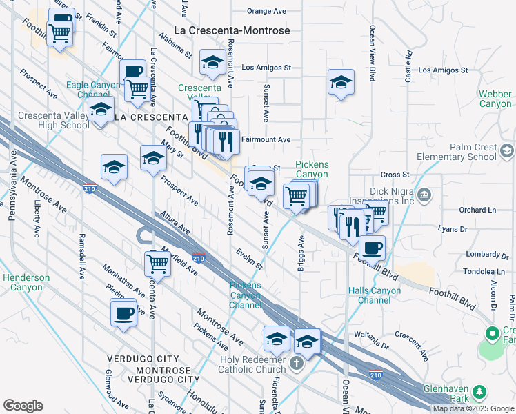map of restaurants, bars, coffee shops, grocery stores, and more near 2515 Mary Street in La Crescenta-Montrose
