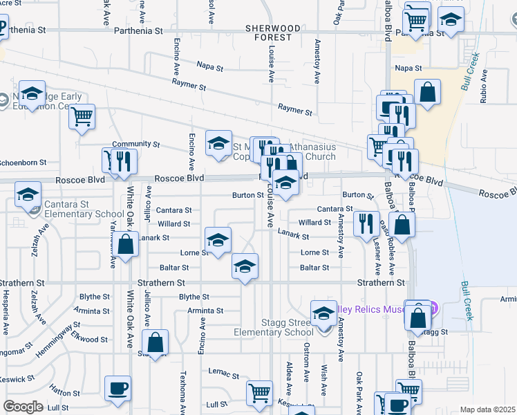 map of restaurants, bars, coffee shops, grocery stores, and more near 8210 Andasol Avenue in Los Angeles
