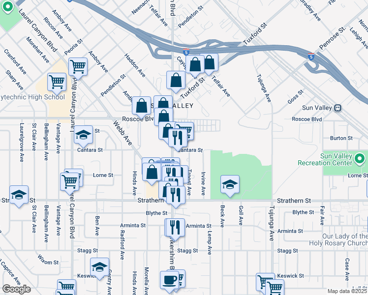 map of restaurants, bars, coffee shops, grocery stores, and more near 11651-11699 Cantara Street in Los Angeles