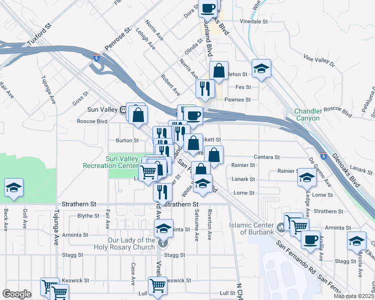map of restaurants, bars, coffee shops, grocery stores, and more near 10889 Cantara Street in Los Angeles