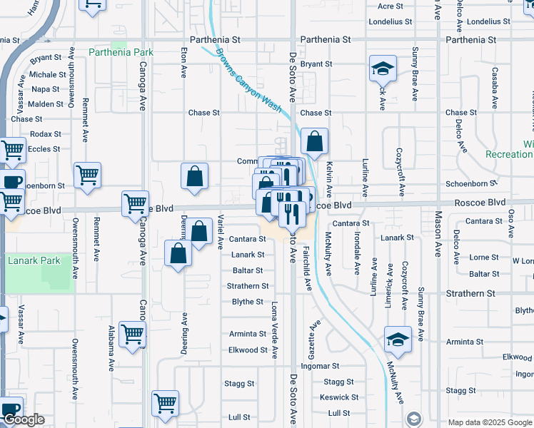 map of restaurants, bars, coffee shops, grocery stores, and more near 20940 Roscoe Boulevard in Los Angeles