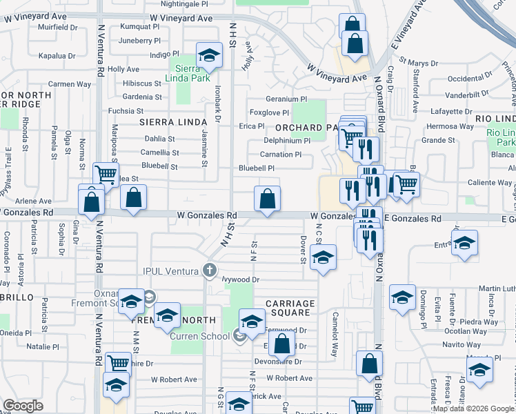 map of restaurants, bars, coffee shops, grocery stores, and more near 1925 Ginger Street in Oxnard