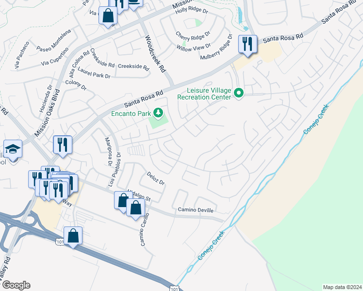 map of restaurants, bars, coffee shops, grocery stores, and more near 4113 Village 4 in Camarillo
