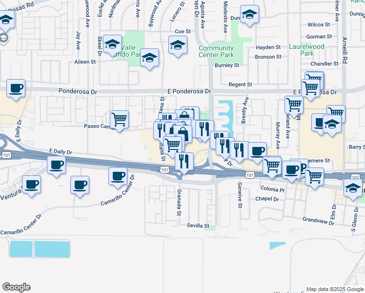 map of restaurants, bars, coffee shops, grocery stores, and more near 353 Carmen Drive in Camarillo