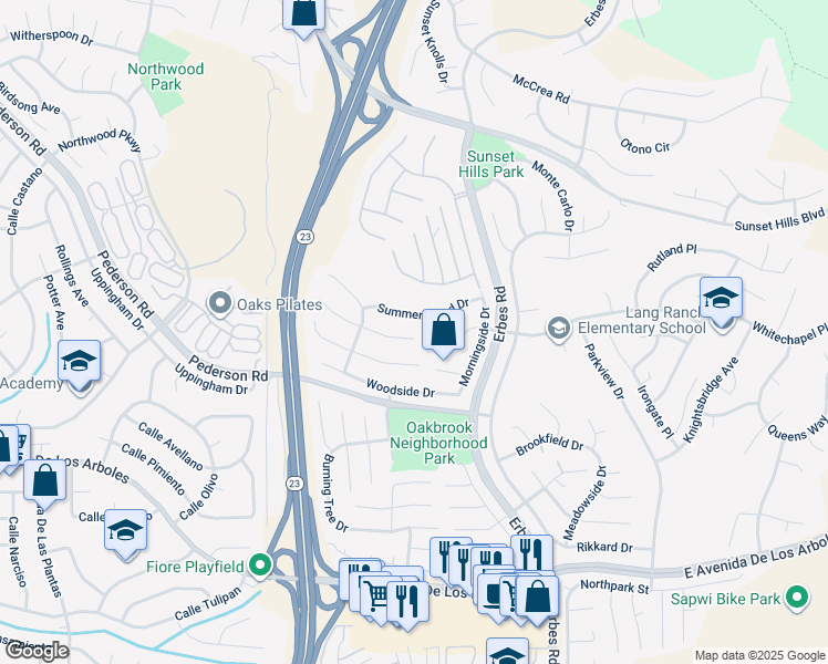 map of restaurants, bars, coffee shops, grocery stores, and more near 1813 Alderwood Place in Thousand Oaks