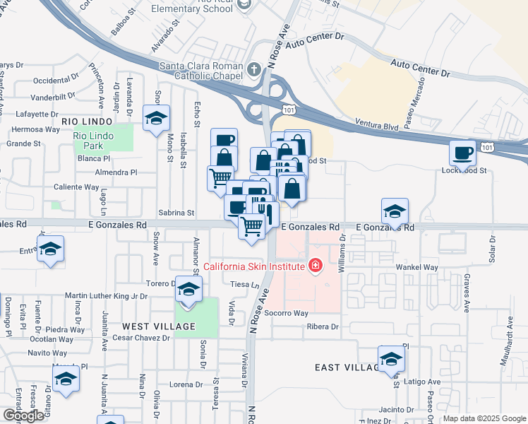 map of restaurants, bars, coffee shops, grocery stores, and more near 1901 North Rose Avenue in Oxnard