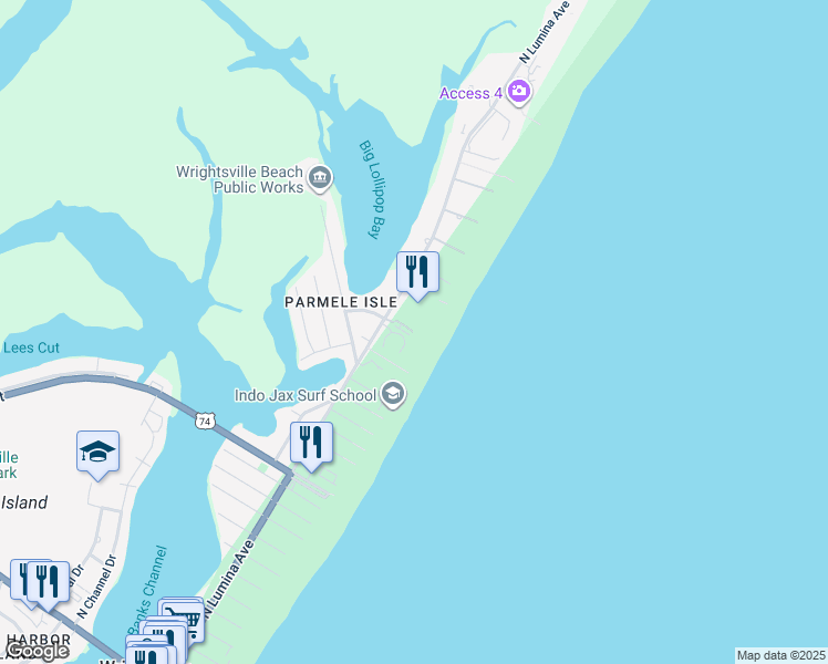 map of restaurants, bars, coffee shops, grocery stores, and more near 1704 North Lumina Avenue in Wrightsville Beach