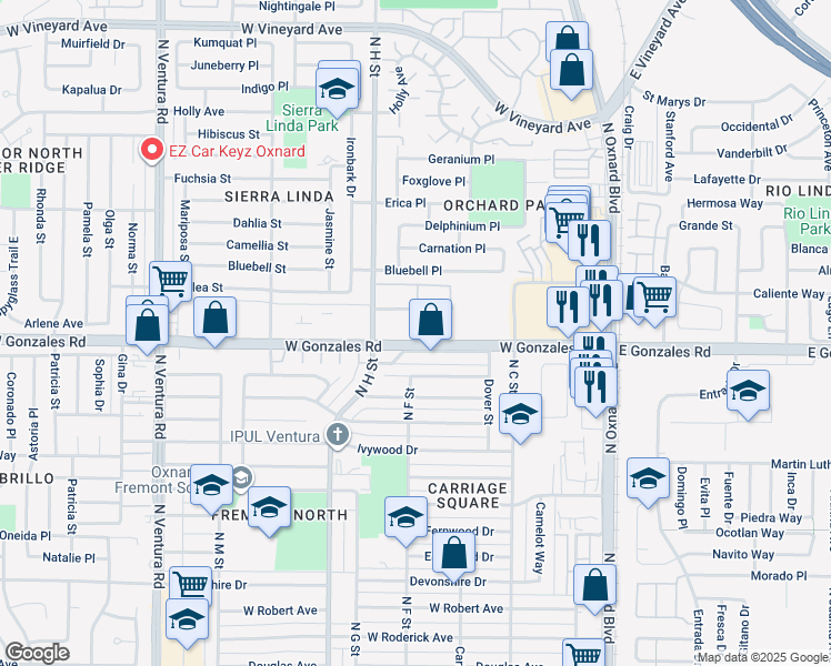 map of restaurants, bars, coffee shops, grocery stores, and more near 1925 Ginger Street in Oxnard