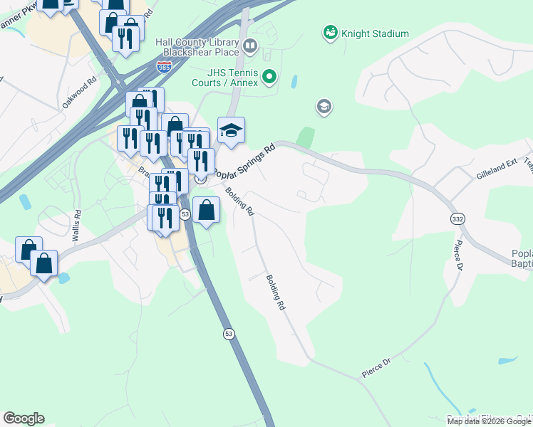 map of restaurants, bars, coffee shops, grocery stores, and more near 3615 East Bolding Road in Flowery Branch