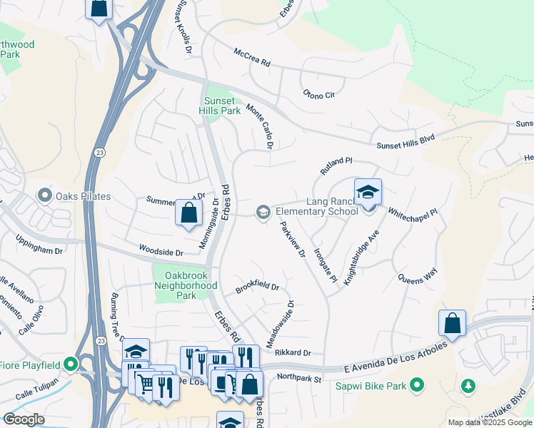 map of restaurants, bars, coffee shops, grocery stores, and more near 2978 Rob Court in Thousand Oaks