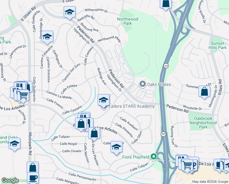 map of restaurants, bars, coffee shops, grocery stores, and more near 2936 Rollings Avenue in Thousand Oaks