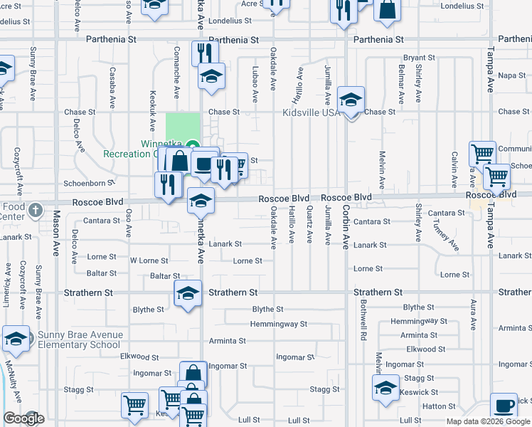map of restaurants, bars, coffee shops, grocery stores, and more near 19916 Roscoe Boulevard in Los Angeles