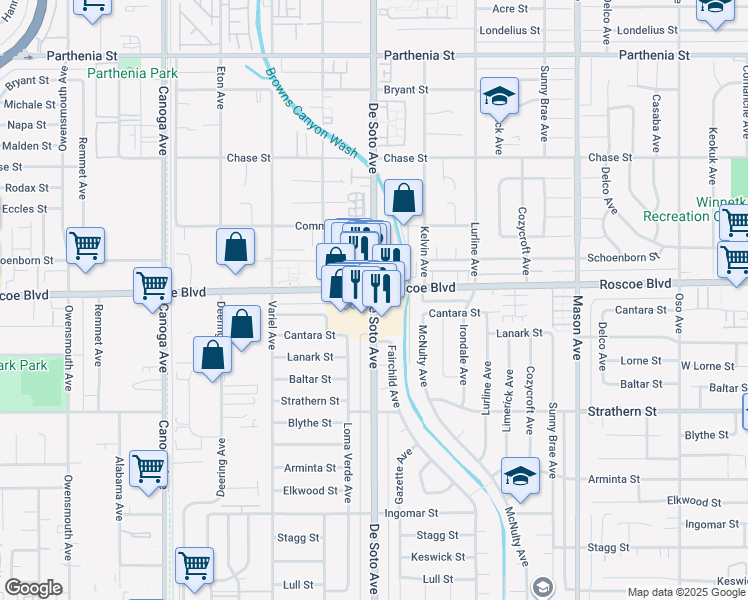 map of restaurants, bars, coffee shops, grocery stores, and more near 8301 De Soto Avenue in Los Angeles