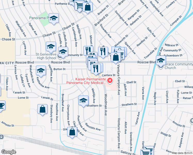 map of restaurants, bars, coffee shops, grocery stores, and more near 8205 Woodman Avenue in Los Angeles