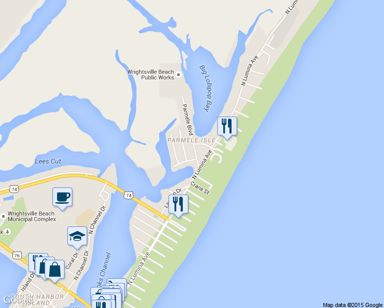 map of restaurants, bars, coffee shops, grocery stores, and more near 103 Parmele Blvd in Wrightsville Beach