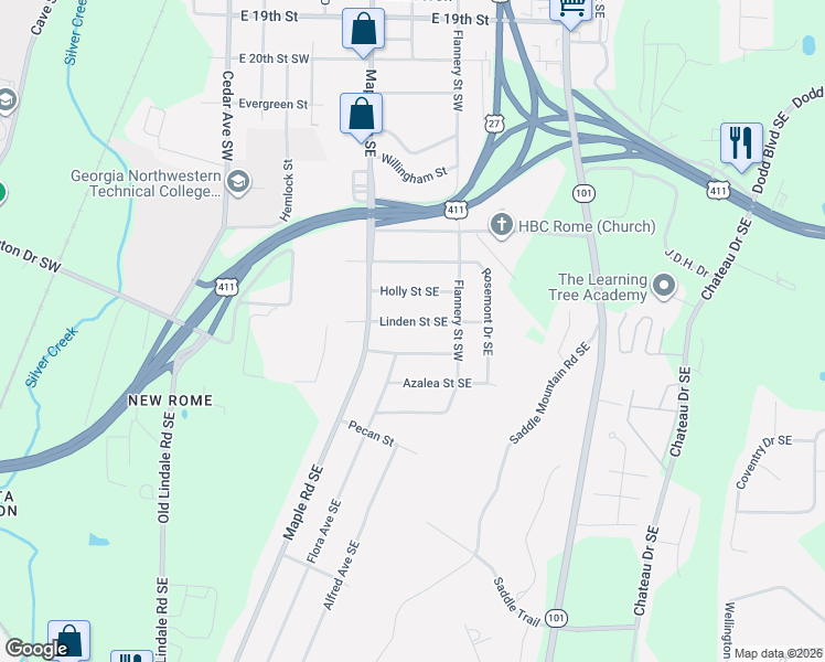 map of restaurants, bars, coffee shops, grocery stores, and more near 112 Linden Street Southeast in Rome