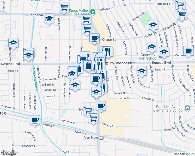 map of restaurants, bars, coffee shops, grocery stores, and more near 8159 Van Nuys Boulevard in Los Angeles