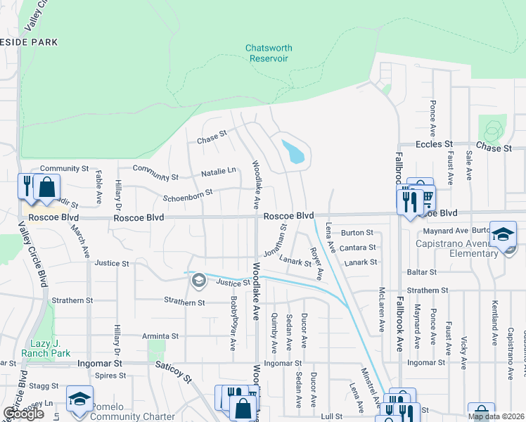 map of restaurants, bars, coffee shops, grocery stores, and more near 8300 Woodlake Avenue in Los Angeles