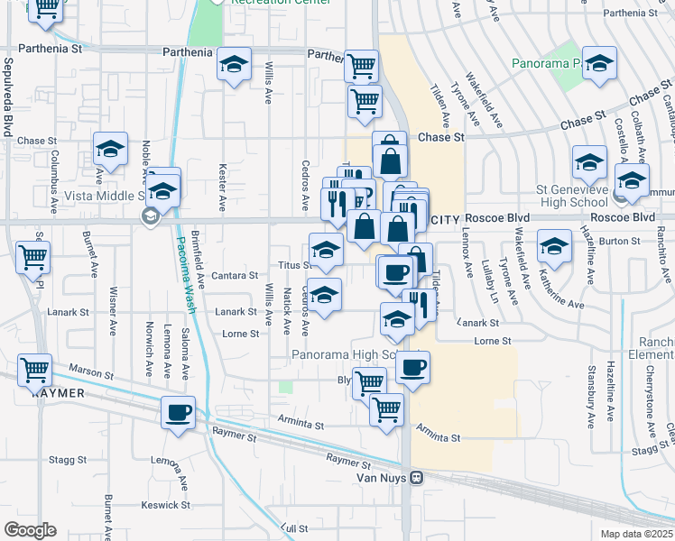 map of restaurants, bars, coffee shops, grocery stores, and more near 14628 Titus Street in Los Angeles