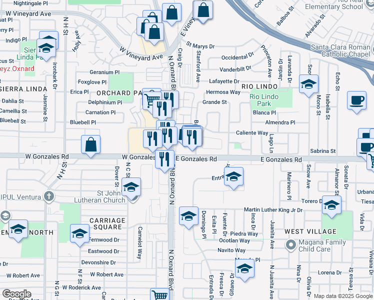 map of restaurants, bars, coffee shops, grocery stores, and more near 111 East Gonzales Road in Oxnard