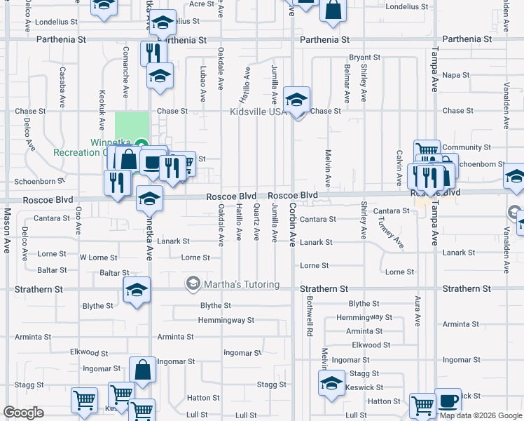map of restaurants, bars, coffee shops, grocery stores, and more near 8254 Quartz Avenue in Los Angeles