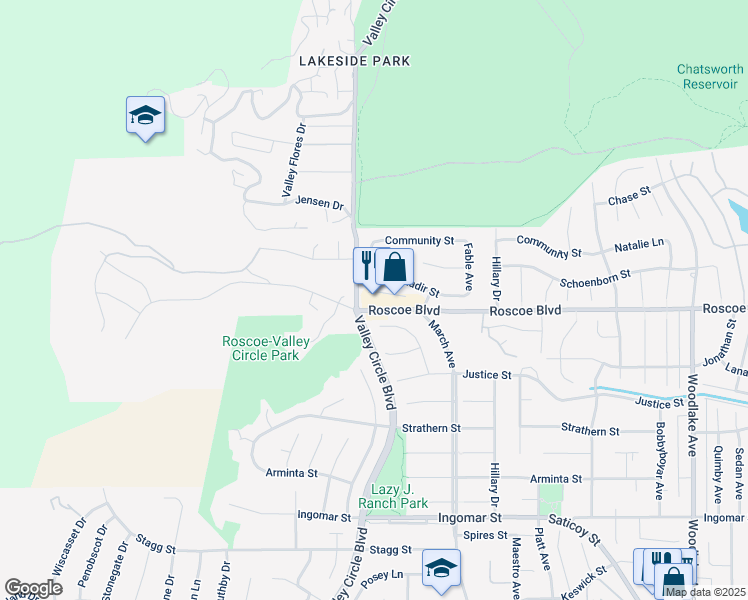 map of restaurants, bars, coffee shops, grocery stores, and more near 23759 Roscoe Boulevard in Los Angeles