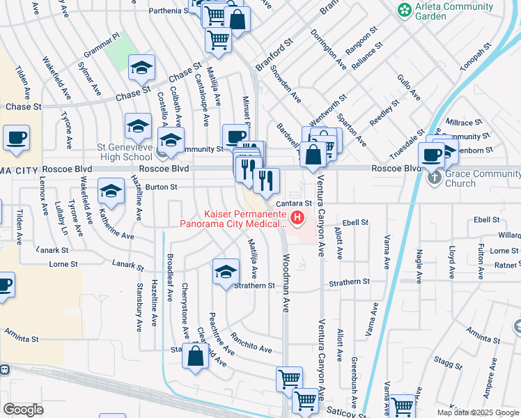 map of restaurants, bars, coffee shops, grocery stores, and more near 8205 Woodman Avenue in Los Angeles
