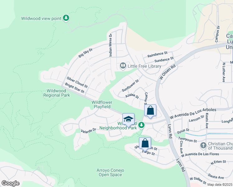 map of restaurants, bars, coffee shops, grocery stores, and more near 2916 Sunflower Street in Thousand Oaks