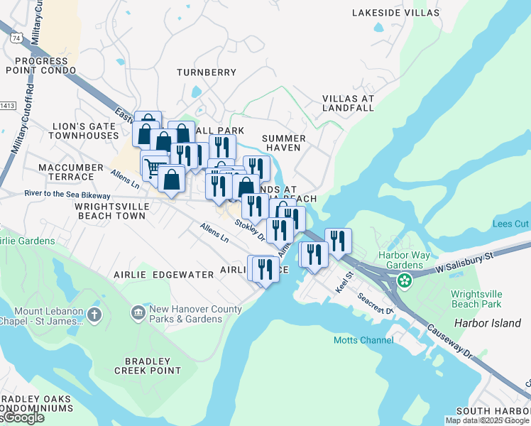 map of restaurants, bars, coffee shops, grocery stores, and more near 7232 Wrightsville Avenue in Wilmington