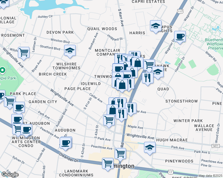 map of restaurants, bars, coffee shops, grocery stores, and more near 4306 Wilshire Boulevard in Wilmington