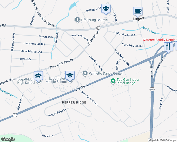 map of restaurants, bars, coffee shops, grocery stores, and more near 18 Furlong Downs Street in Lugoff