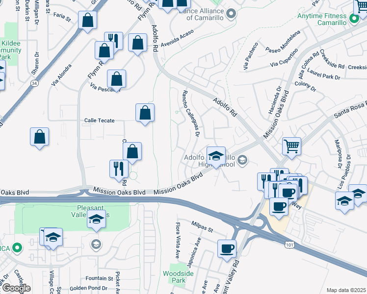 map of restaurants, bars, coffee shops, grocery stores, and more near 353 Via Olivera in Camarillo