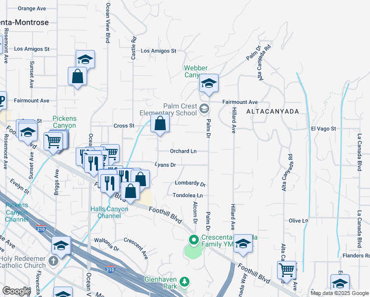 map of restaurants, bars, coffee shops, grocery stores, and more near 1949 Orchard Lane in La Cañada Flintridge